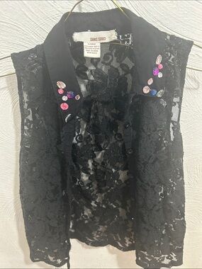 Sans Souci Black Lace Sleeveless Button-Up with Jeweled Collar